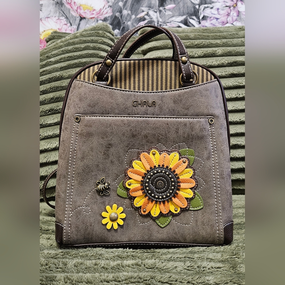 Chala Stone Gray Bee and Sunflower Handbag Backpack